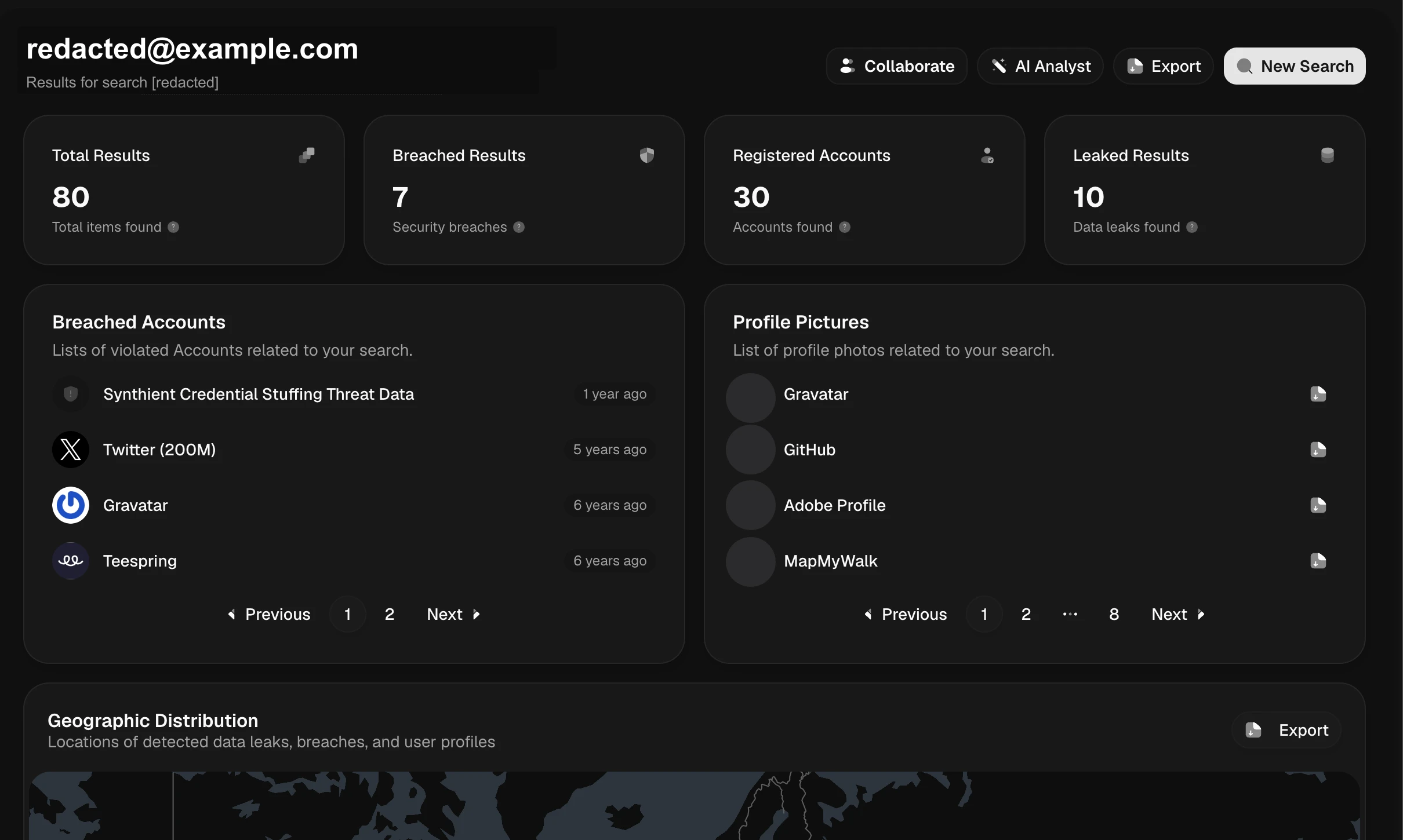 An anonymized overview of an Osintly email search