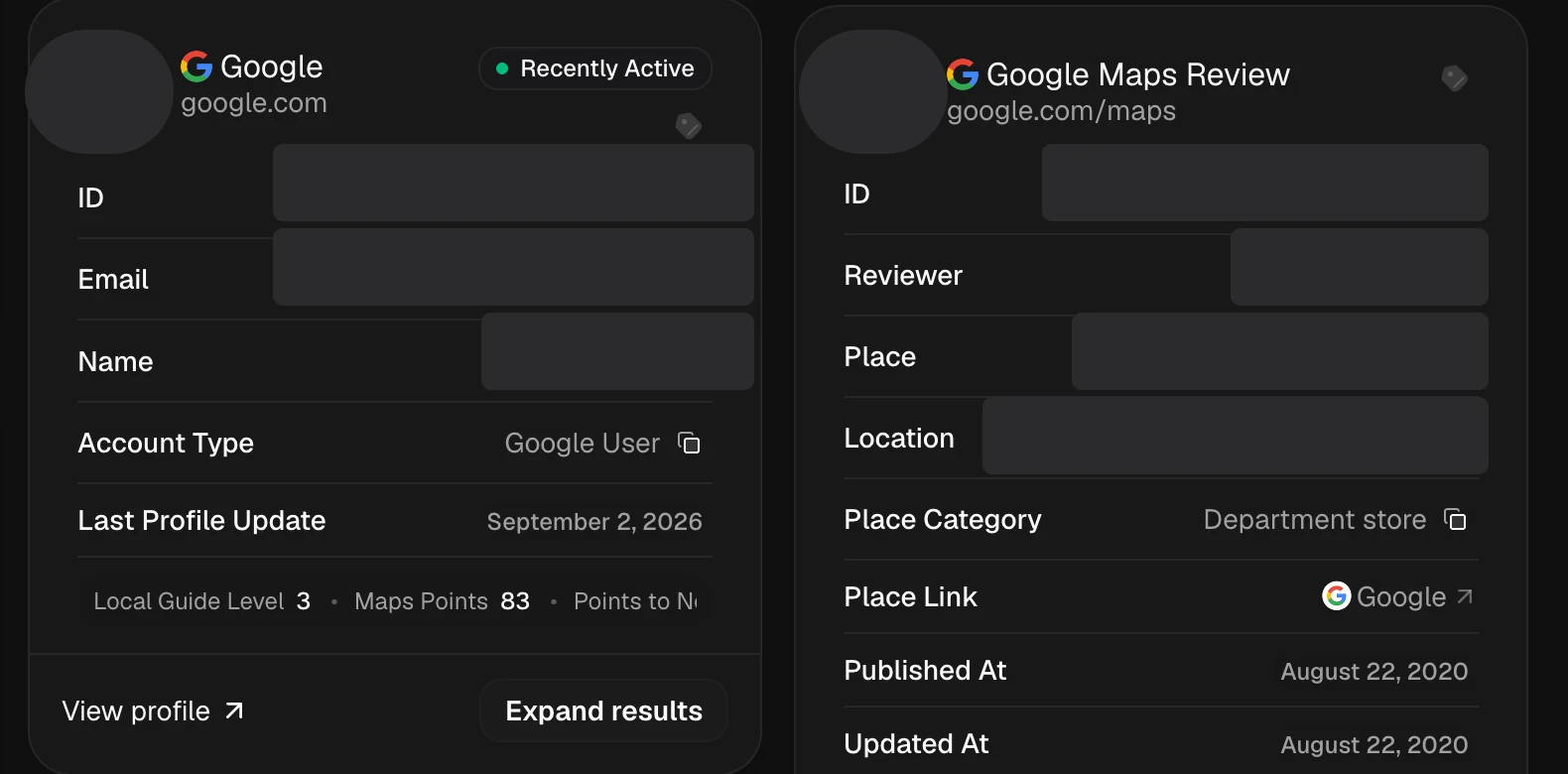 An anonymized Google account and Maps review result in Osintly